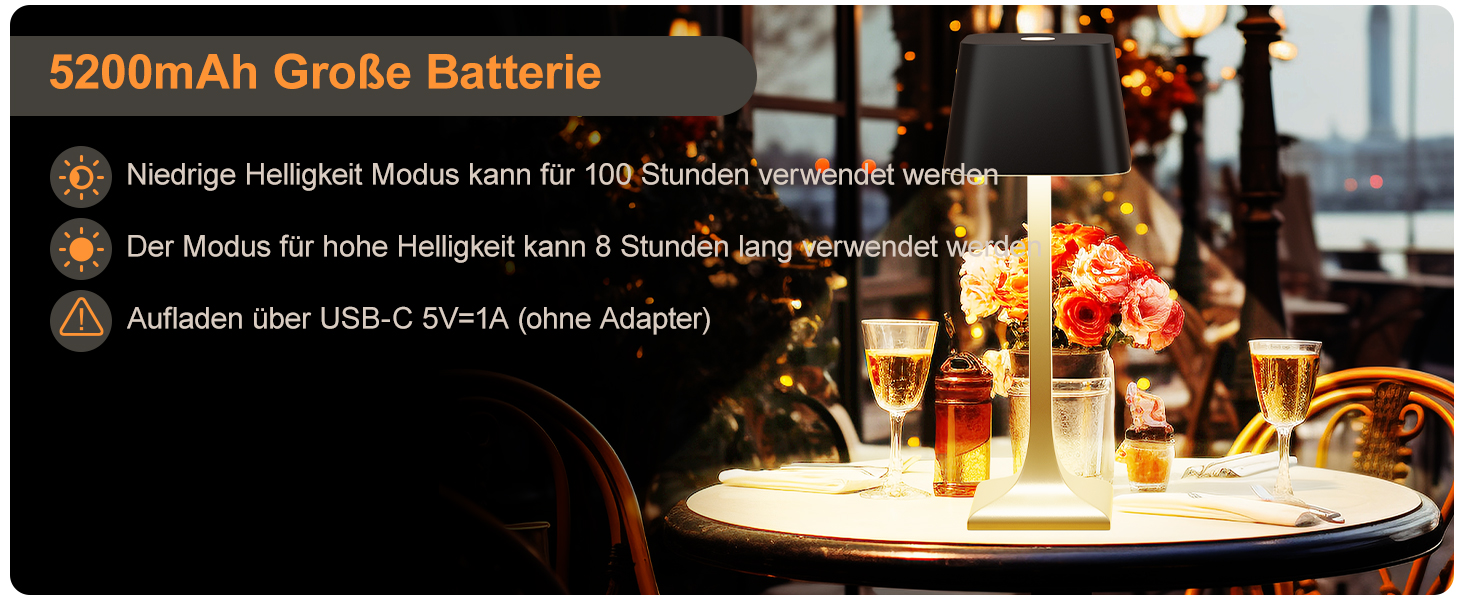 LED настільна лампа бездротова диммируемая торканням - 3 колірні температури, 5200mAh акумулятор, зарядка USB-C, водонепроникність IP54, алюміній, для дому та вулиці, нічник, настільна лампа для їдальні, робочий стіл (чорний)