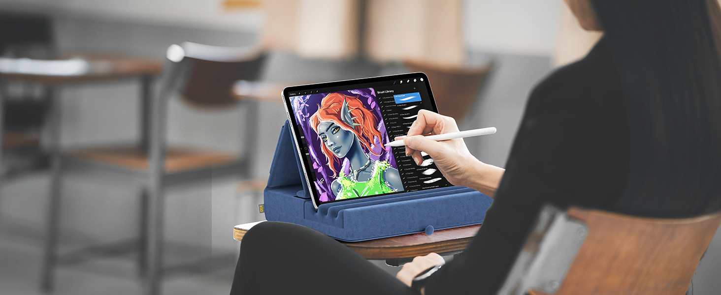 Тримач-подушка для планшета KDD, складана підставка для iPad Pro 12.9, 10.5, 9.7, Air, Mini, електронних книг — для ліжка, колін та робочого столу, з кишенею та тримачем для стилуса (Синій)
