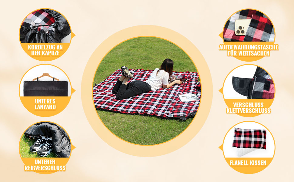 Спальний мішок XXL для дорослих, 3-4 сезони, фланель, для кемпінгу та зимових пригод, чорний, 230x90 см