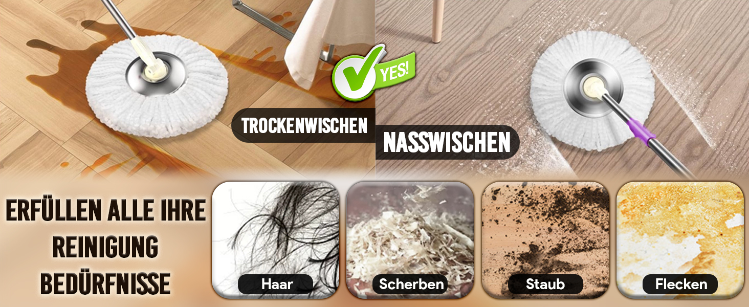 Набір для миття підлоги ARSUK з відром та функцією віджиму – 4 змінні насадки | 360° обертання | Підходить для паркету, плитки та ламінату