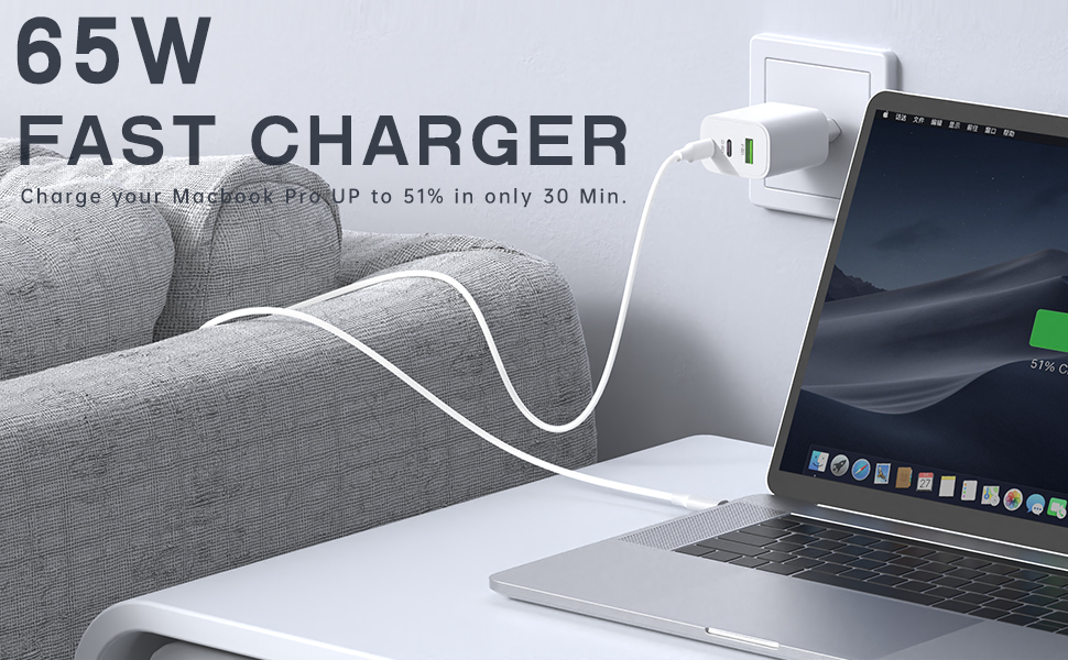 Зарядний пристрій USB-C 65W 3-порти, мережевий адаптер PD для MacBook Pro/Air, iPhone 16/15/14/13, iPad, Samsung S24, Pixel (Білий)
