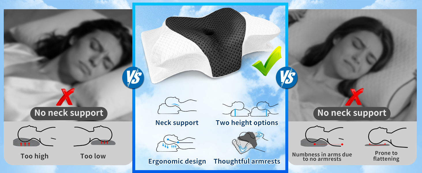 Подушка для шиї SAHEYER з Memory Foam, ортопедична, ергономічна, для тих, хто спить на боці, 60 x 35.5 x 10/13 см (Сіра)