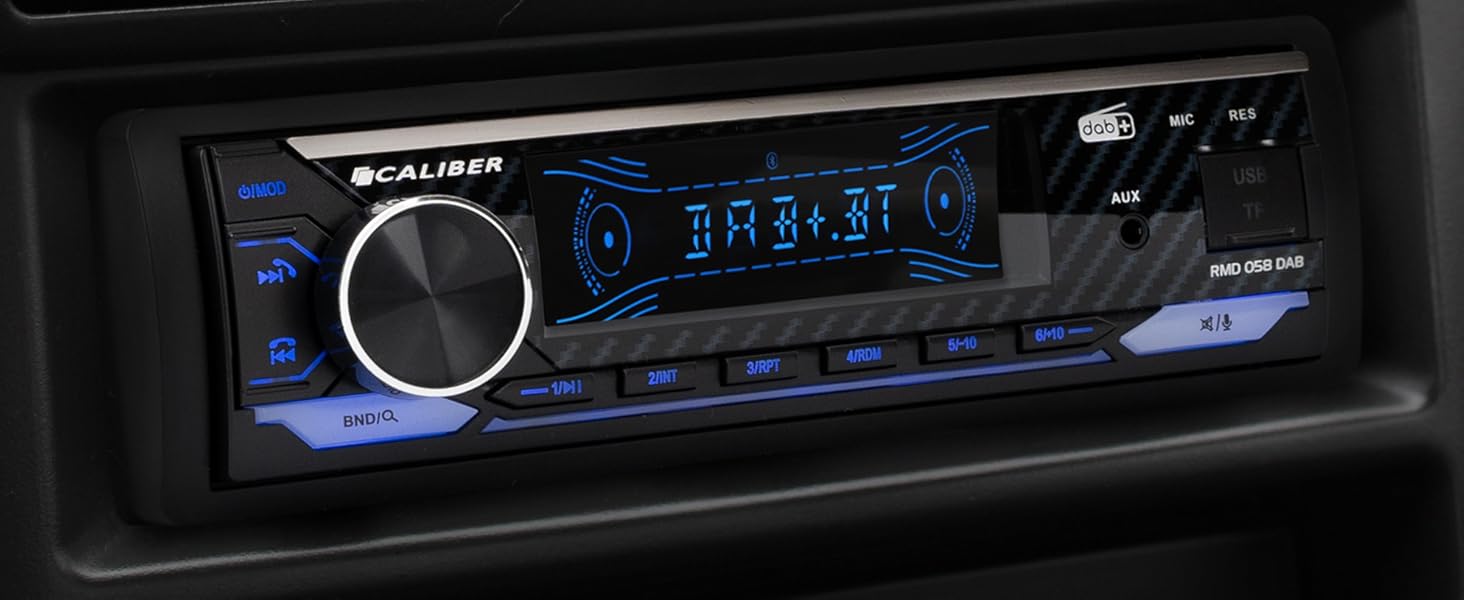 Автомагнітола Caliber 1DIN Bluetooth DAB+/FM, 4x100Вт, USB/MicroSD, 2.1A зарядка, AUX-in, hands-free, зовнішній мікрофон, RCA вихід, підсвічування, підтримка MP3/WMA/APE/FLAC/AAC