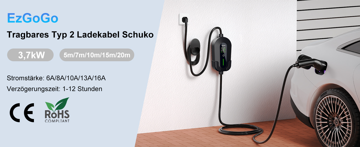 Кабель для зарядки електромобіля EzGoGo Type 2 Schuko 3.68 кВт, 10 м, 1 фаза, 6-16A, з LCD-дисплеєм та захистом IP65