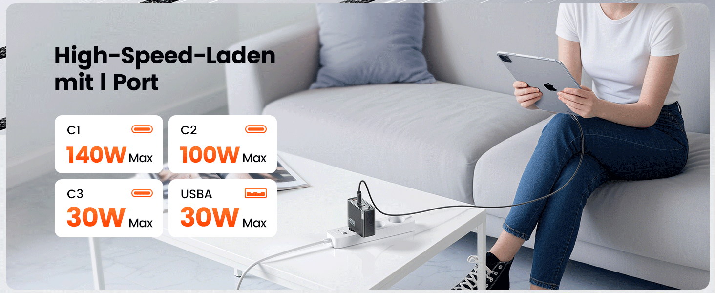 Зарядний пристрій USB-C toocki 140W GaN з 4 портами (USB-C + USB-A) PD3.1 для iPhone, MacBook, Samsung та інших пристроїв