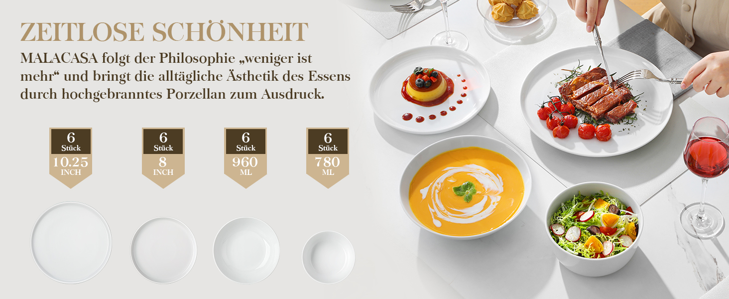 MALACASA Набір посуду 48 предметів, порцеляновий набір тарілок та мисок, сервіз на 12 осіб, білі їдальні тарілки та миски, круглий набір посуду, придатний для миття в посудомийній машині та мікрохвильовій печі, серія LEXI 48 предметів білий
