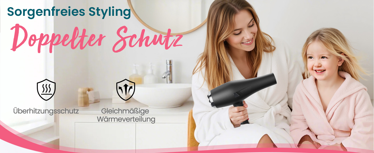 Dekuri Professional Ionic Hair Dryer with Diffuser & Styling Nozzles - 3 Heat & 2 Speed Settings, 2.5m Cord - Powerful Hair Dryer for Family Use (Black)