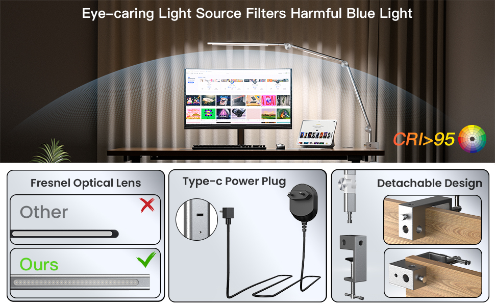 LED лампа для столу VERSKI 18W з регулюванням яскравості та 5 колірними температурами. Захист очей, для офісу та дому. Кріпиться на стіл.