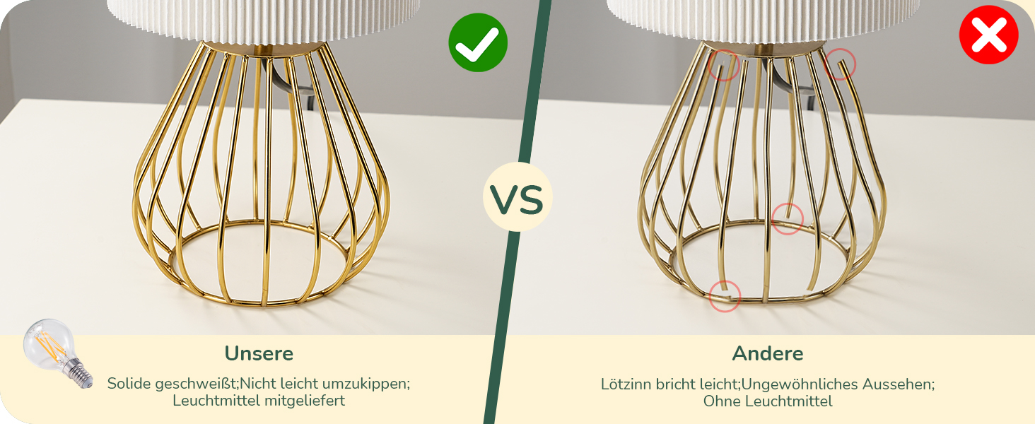 EDISHINE Настільна лампа, сучасний індустріальний дизайн, цоколь E14, вінтажна, для спальні та вітальні, бежево-чорна (кремово-білий плісе + золото)