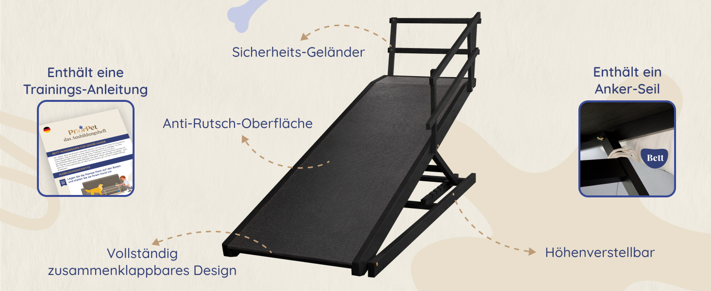 Сходинки для собак до ліжка з поручнями - для великих собак до 90 кг - регульована висота до 94.5 см - ширина 49.5 см - складані - з антиковзним покриттям - з берези - натуральний колір (чорний)