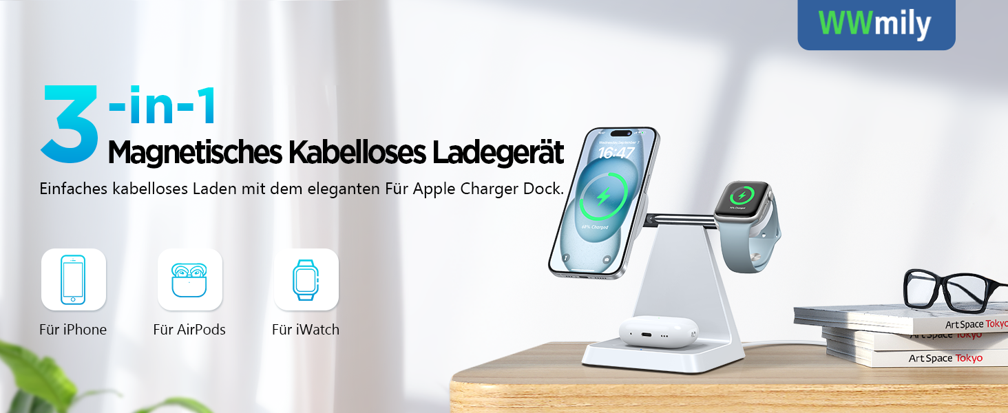 Бездротовий зарядний пристрій MagSafe 3-в-1 для iPhone: зарядка для Apple Watch та AirPods, сумісна з iPhone 16, 15, 14, 13, 12 (білий)