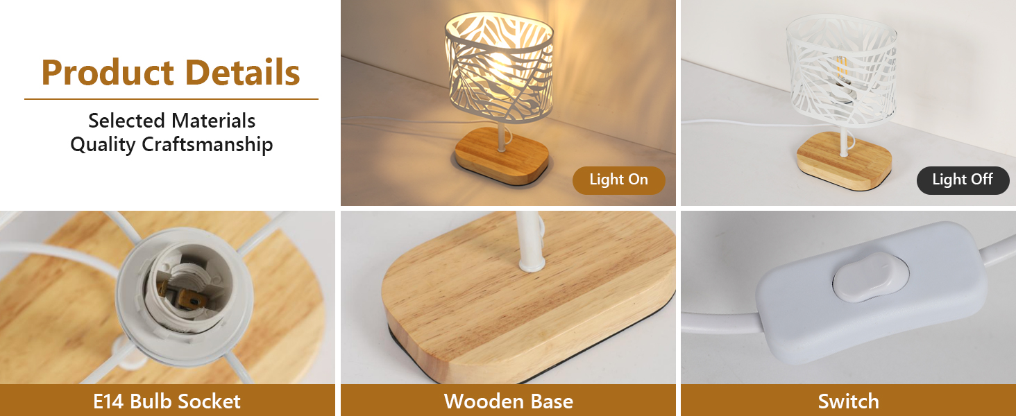 Настільна лампа з дерева, вінтажна модель E14, настільна лампа з дерев'яним цоколем та металевим абажуром, для дитячої кімнати, вітальні, спальні, бару (біла)