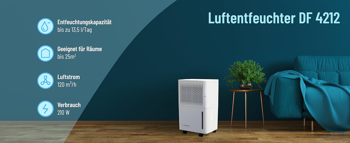Noaton® DF 4212 - Електричний осушувач повітря 13,2 л/добу, для квартири та підвалу, з таймером та захистом від переливу