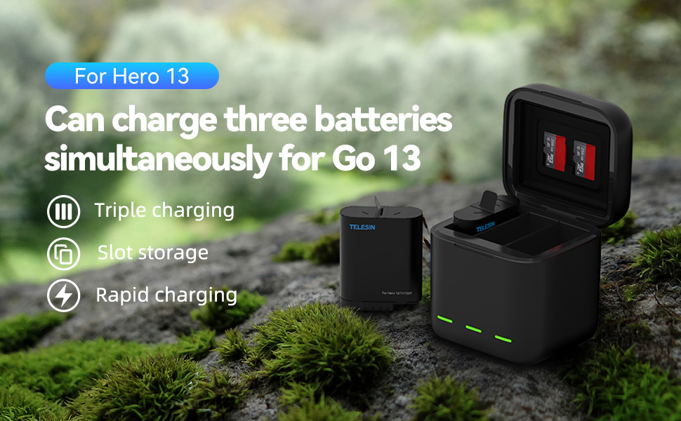 Акумулятори TELESIN Enduro 2 шт. з зарядним пристроєм для GoPro Hero 13 Black. Запасні акумулятори, сумісні з оригінальними, з швидкою зарядкою. Комплект: 2 акумулятори + 1 зарядний пристрій