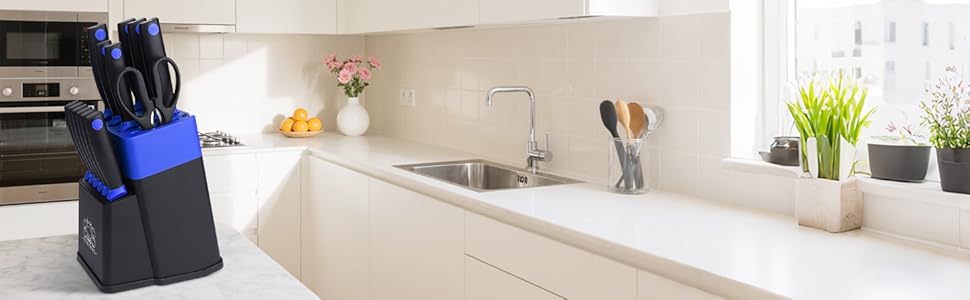 Набір кухонних ножів FIVE COWS (14 предметів) з самозаточуванням, з ножем для стейка та ножицями, синій