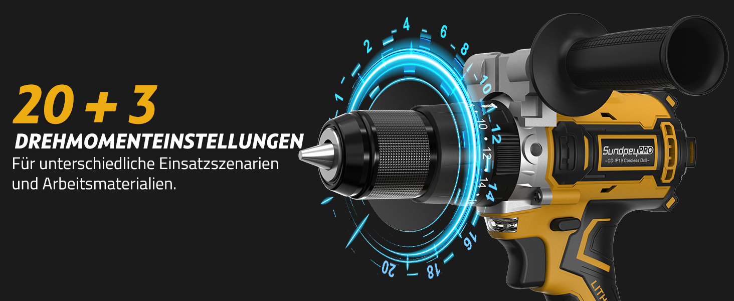 Акумуляторний дриль-шурупокрут SundpeyPRO 21V з ударною функцією, 120 Nm, 2 x 4000mAh, 20+3 ступені крутного моменту, 13 мм патрон, 2 швидкості, LED