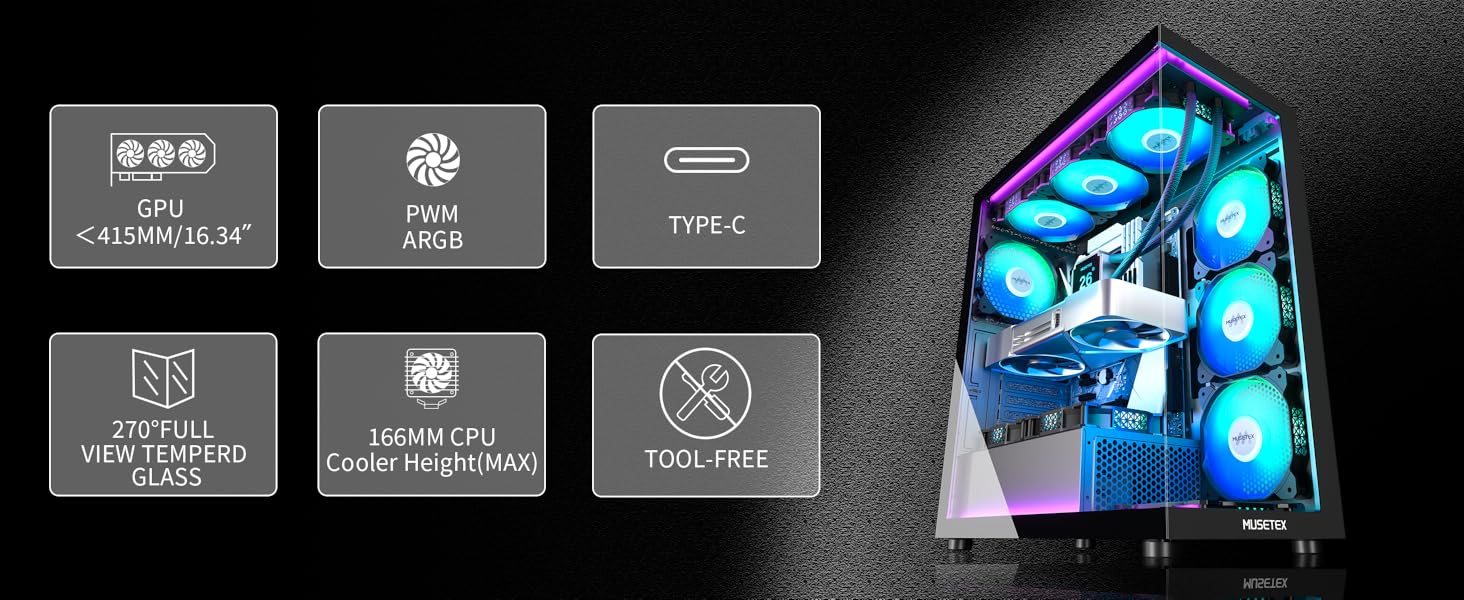 Корпус ПК MUSETEX K2: Mid Tower ATX з 7 PWM ARGB вентиляторами, подвійне панорамне скло, Type-C, чорний (42,5 x 21,2 x 47 см)