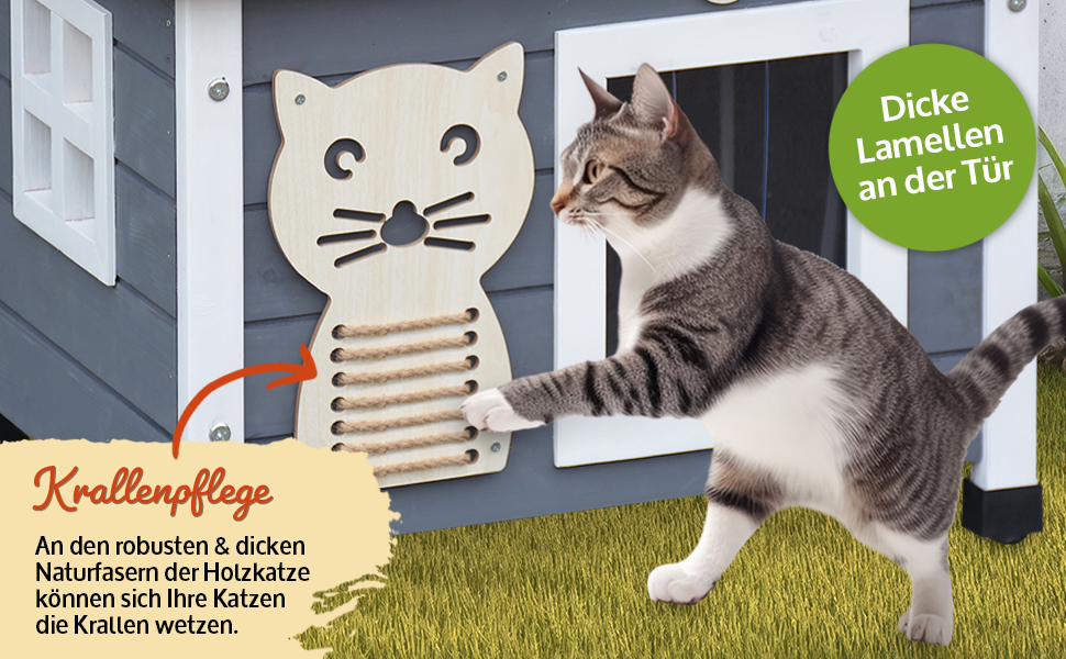 zooprinz Преміум дерев'яний будинок для котів з відкривним дахом, вікном і маятниковими дверцятами, з мотузкою з сизалю, для вулиці й дому, для саду/балкону, натуральний, стандартний розмір, захищений від негоди