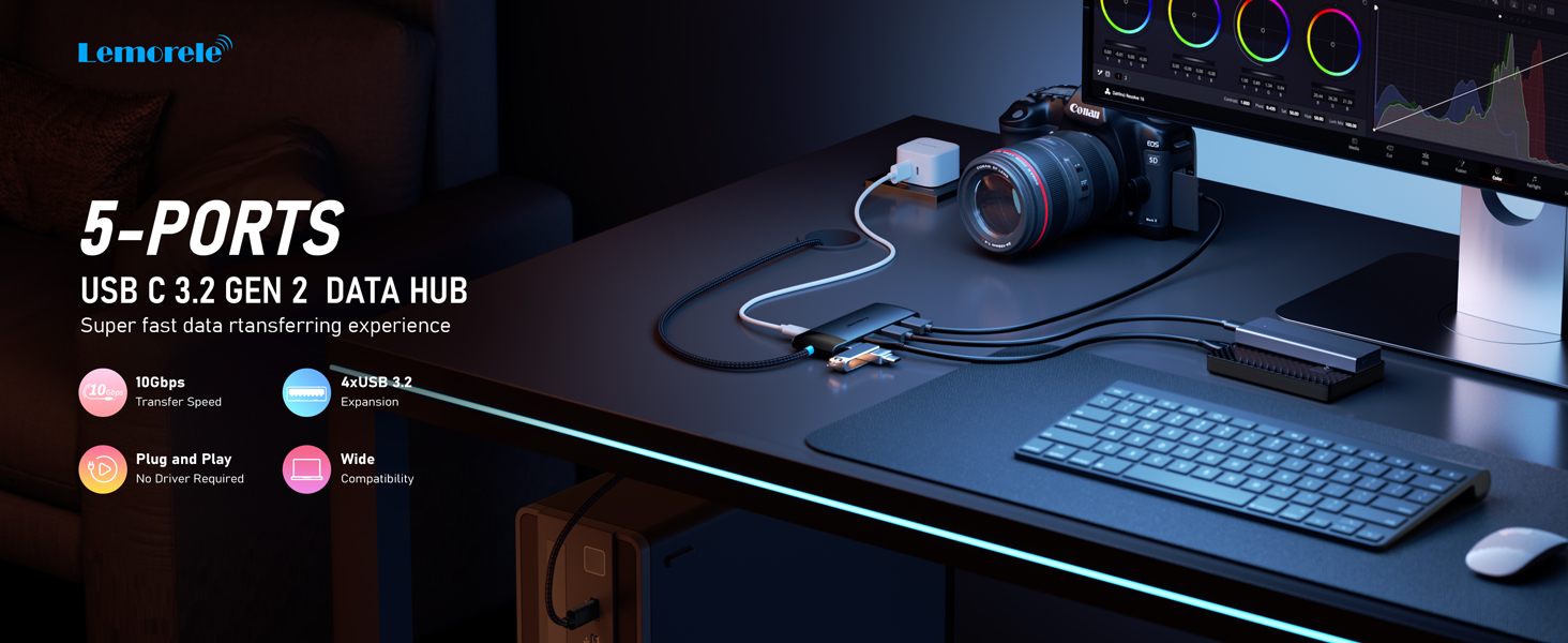 Lemorele USB-C док-станція: 4K HDMI, 4x USB 3.0/2.0, 100W PD, SD/TF, USB-C 3.0 - для MacBook, Dell, HP, Lenovo, Asus