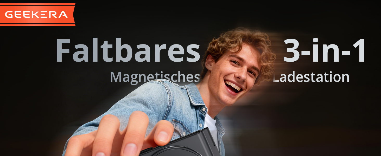 Зарядний пристрій 3-в-1 GEEKERA MagSafe для Apple Watch, iPhone (12-17) та AirPods, індуктивне зарядне, чорний матовий