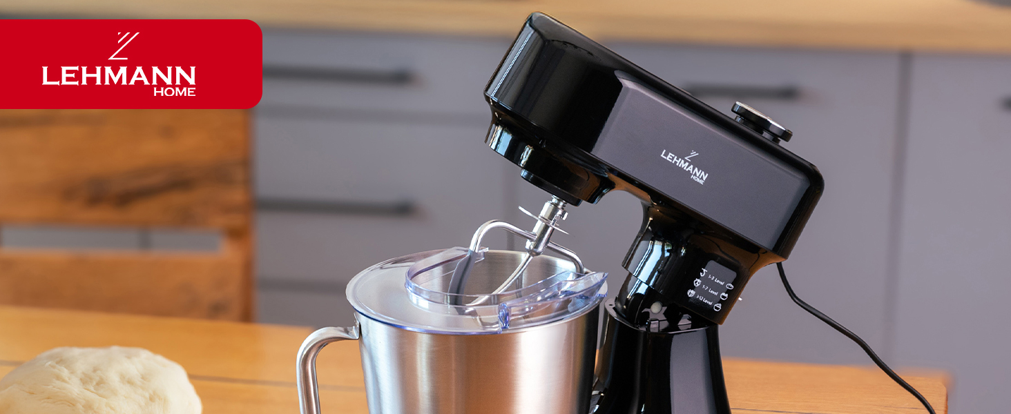 Кухонна машина Lehmann з дисплеєм, 12 швидкостей, функція ферментації з підігрівом, вбудована вага, таймер, міксер з 3 насадками та 5л чашею
