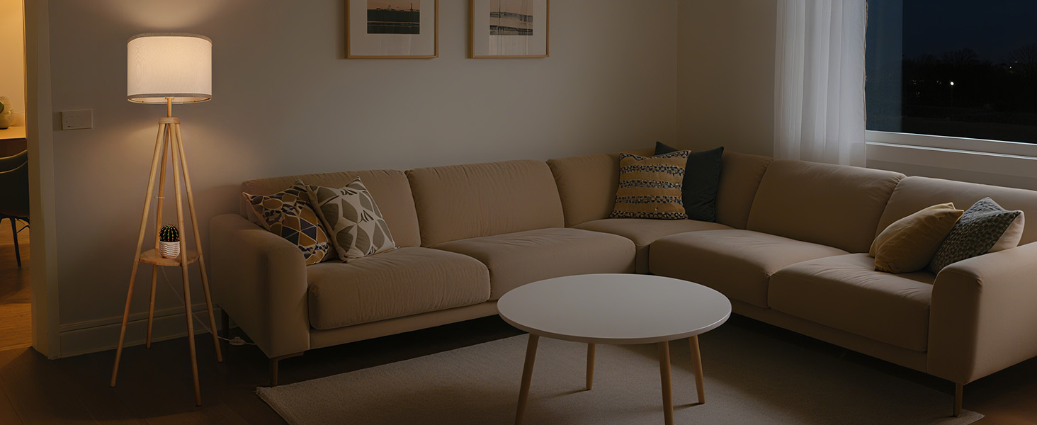 Стійка лампа для вітальні з полицею, диммування 2700K-6500K, дерев'яний каркас, з полицею та пультом дистанційного керування. Стійка світло для вітальні, спальні, офісу, дерево