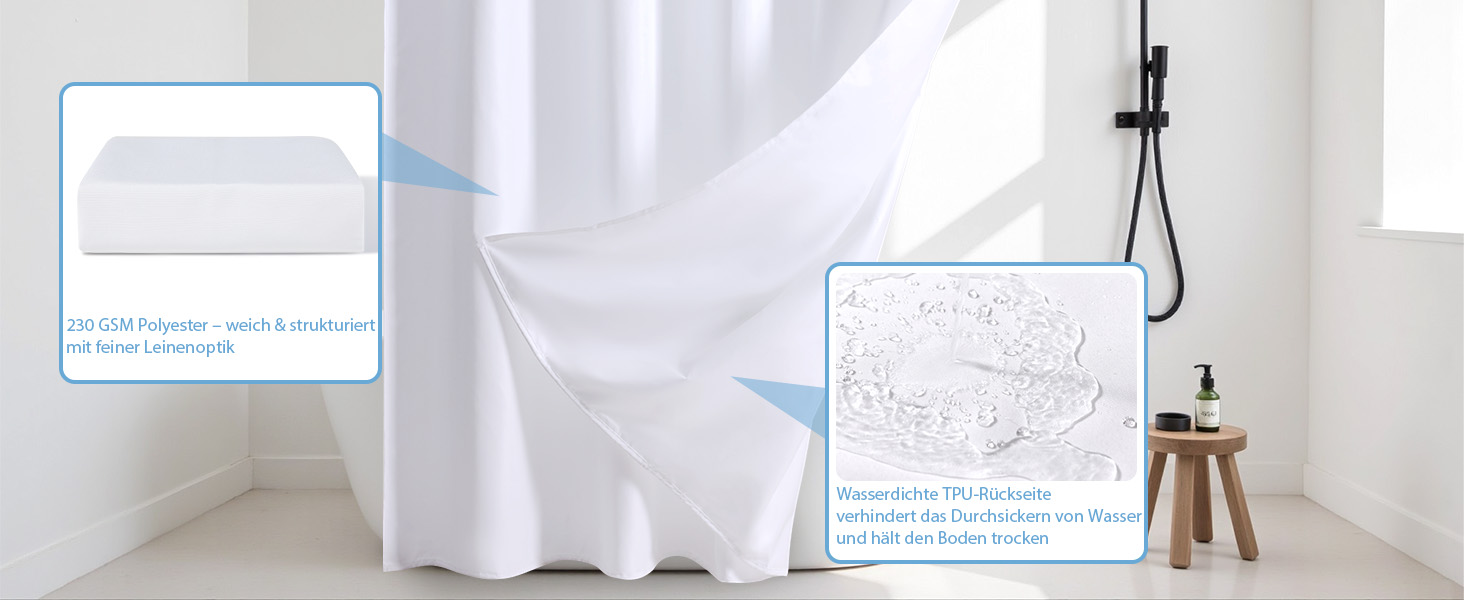 Водонепроникна штора для душу з льоном та вікном (183x183 см), біла - 12 гачків з нержавіючої сталі, утяжелений край, тканинна штора для ванни, машинне прання