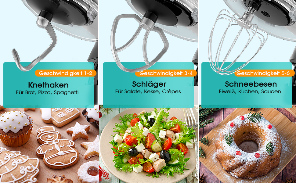 Кухонна машина Facelle 1500W з нержавіючою чашею 6.2л, 6 швидкостей, комплект насадок (чорна)