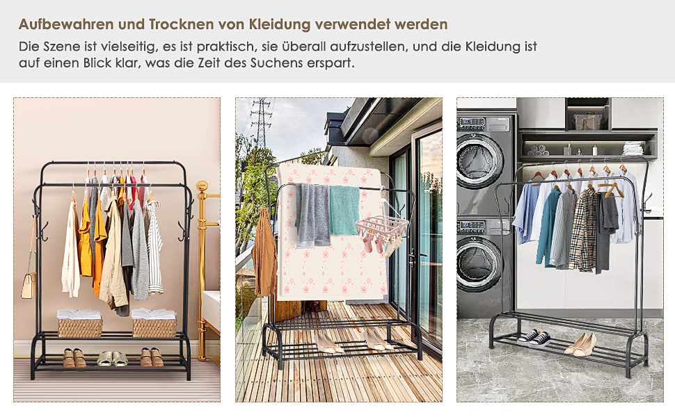 Стійка для одягу на підлозі з металу з полицею для взуття та нижньою полицею, чорна, подвійна