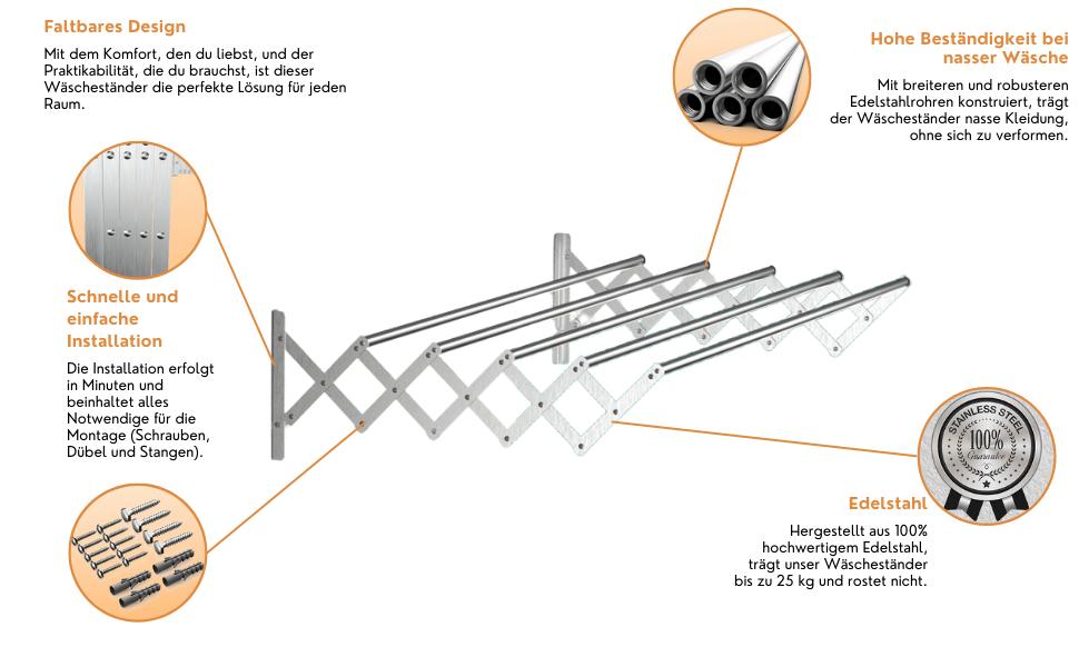 Настінна сушарка для білизни з нержавіючої сталі, висувна, 100 см, вантажопідйомність 25 кг