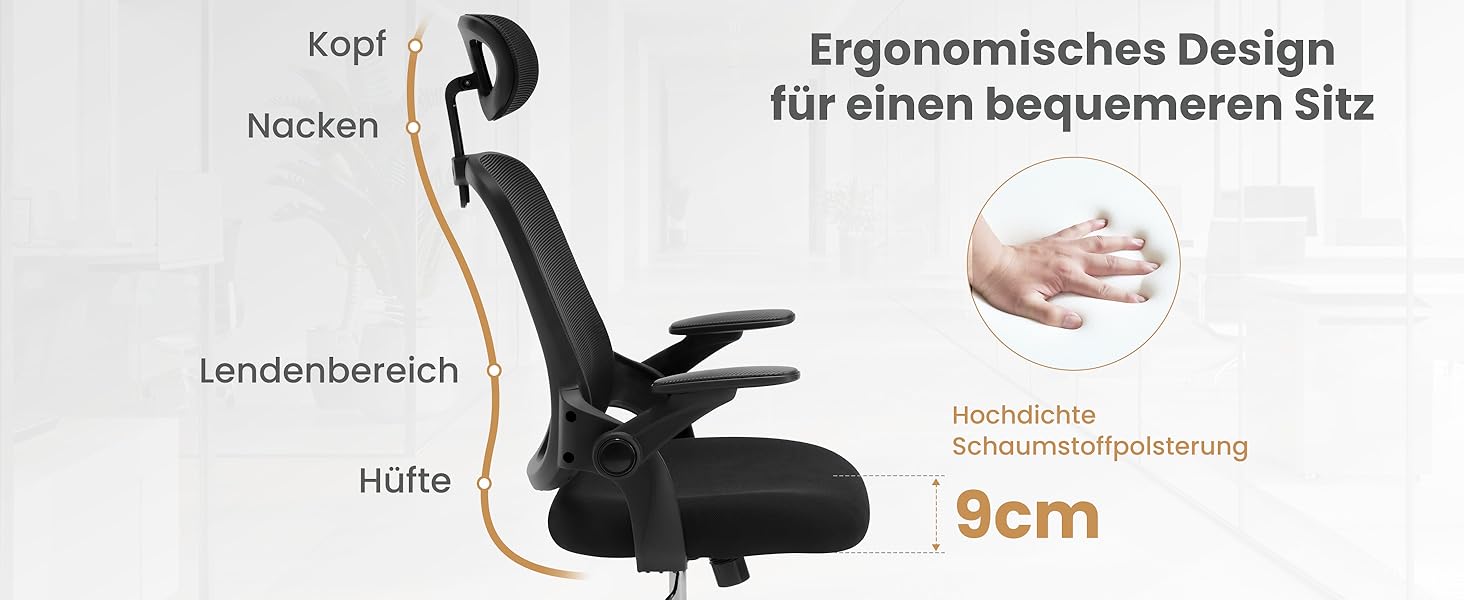 Крісло офісне WOLTU ергономічне, регульована підголовник та поперекова підтримка, функція гойдання, для офісу, 150 кг, чорне