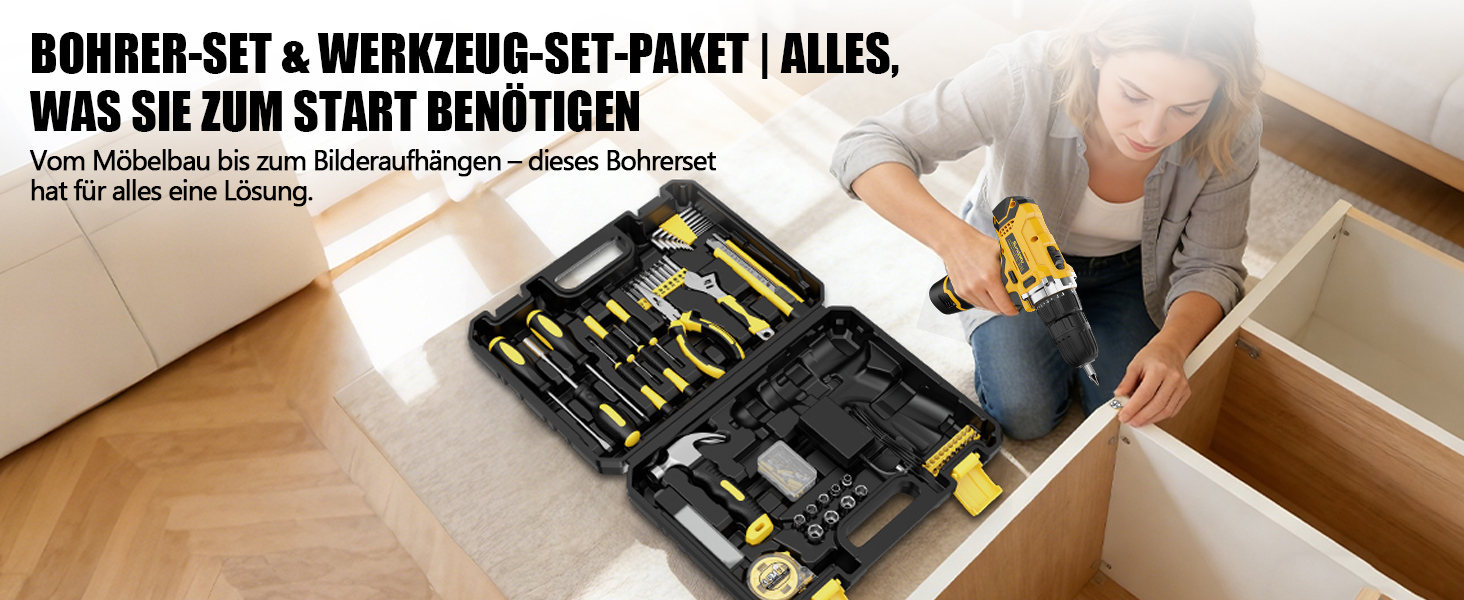 Набір інструментів Sundpey 166 шт. з акумуляторною дрилі 12V для дому, ремонту та саду (жовтий)