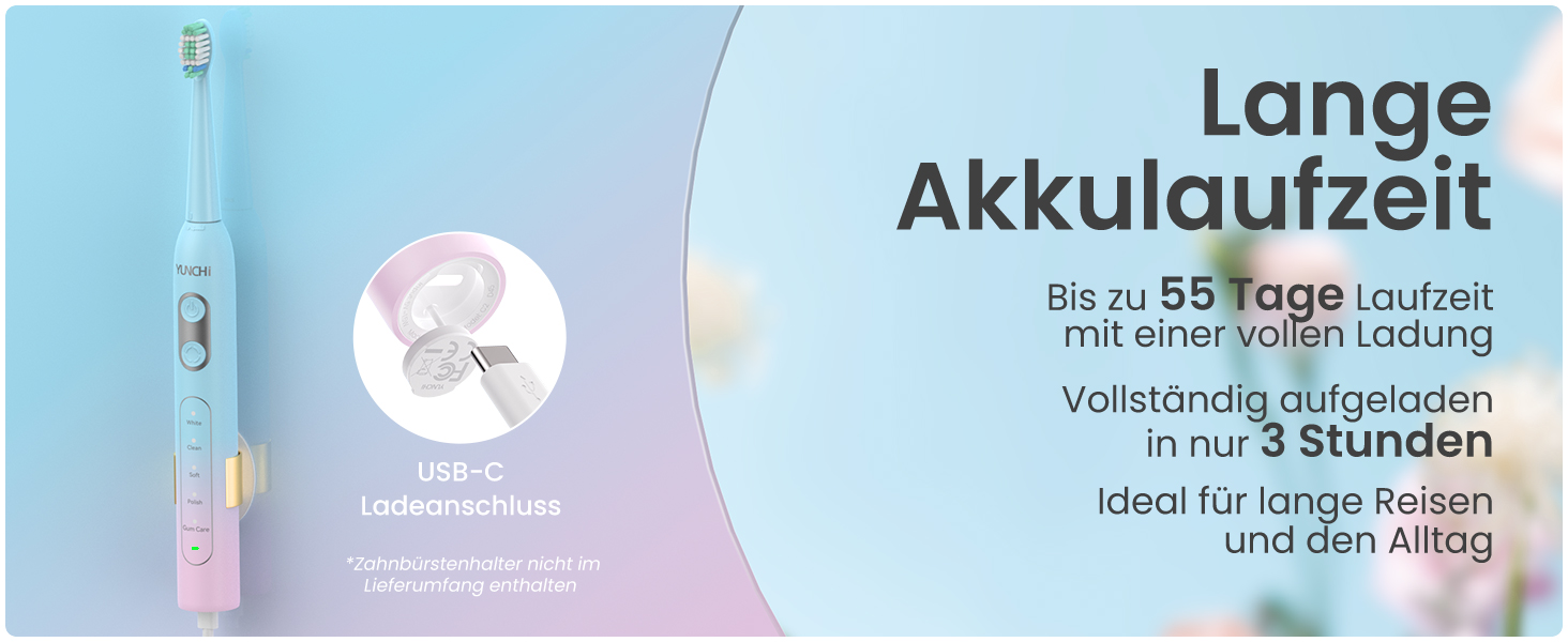 Електрична зубна щітка YUNCHI C2 з 40000 VPM, звукова, для дорослих та дітей, USB-C зарядка, 30 днів роботи, 5 режимів, 8 насадок, рожева/блакитна