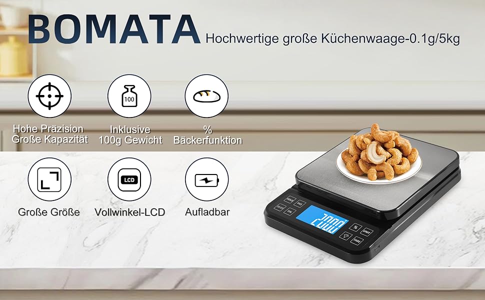 Кухонні ваги BOMATA 0.1г/5кг з USB-зарядкою, високоточною вимірювальною платформою з нержавіючої сталі та функцією відсотків