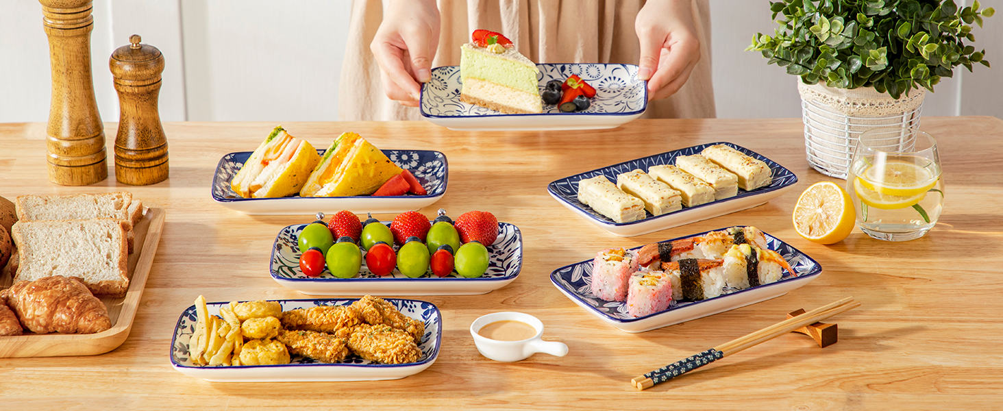 Набір сервірувальних тарілок Vancasso Selene (6 шт.) - великі, прямокутні, порцелянові, для свят, сніданків, фуршетів, сирної тарілки, мікрохвильова піч та посудомийна машина, блакитно-білий колір