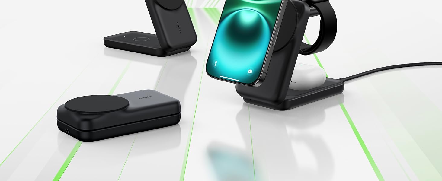 Зарядний станція Belkin UltraCharge 3 в 1 з Qi2.2, 25W, сумісна з MagSafe, для iPhone, AirPods, Apple Watch, Pixel, з адаптером 45W - Чорний