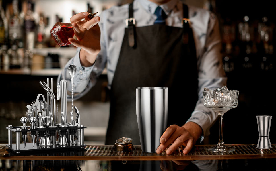 Набір для коктейлів Cinnani Boston 20 предметів - професійний міксінговий набір зі стійкою та аксесуарами для бару - шейкер та набір бармена з нержавіючої сталі - подарунковий набір