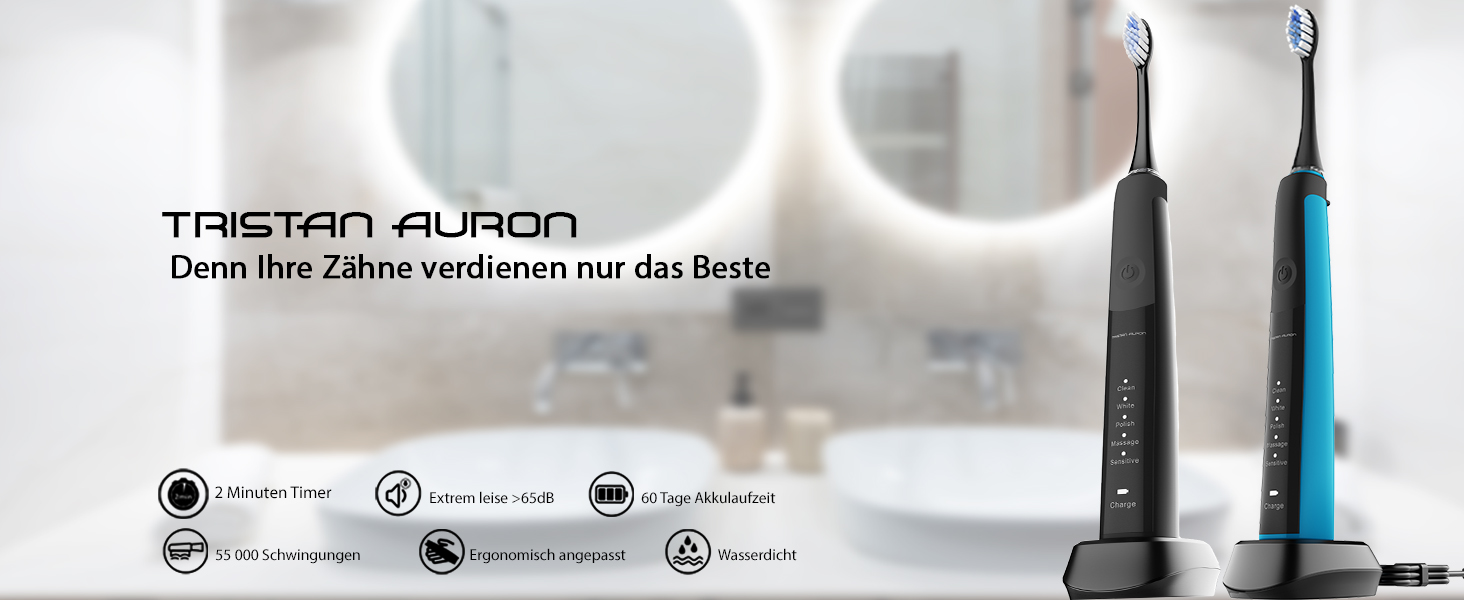 Електрична зубна щітка Tristan Auron SonicMaster - 55 000 вібрацій, 5 режимів, 60 днів акумулятора, UV-стерилізатор, 6 насадок, чорний колір