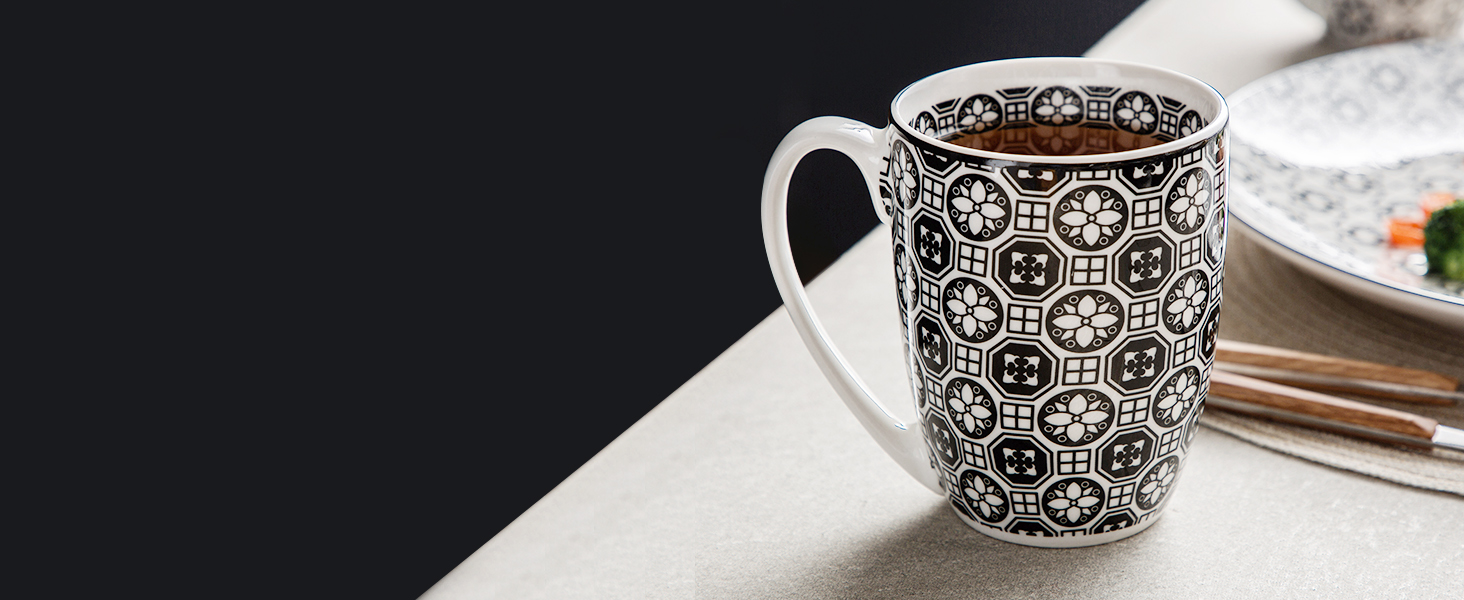 Набір посуду Vancasso Haruka 16 предметів: тарілки для їжі (26.5 см), десертні тарілки (21.5 см), миски для каші (15.2 см) та чашки (360 мл) чорного та кремового кольорів