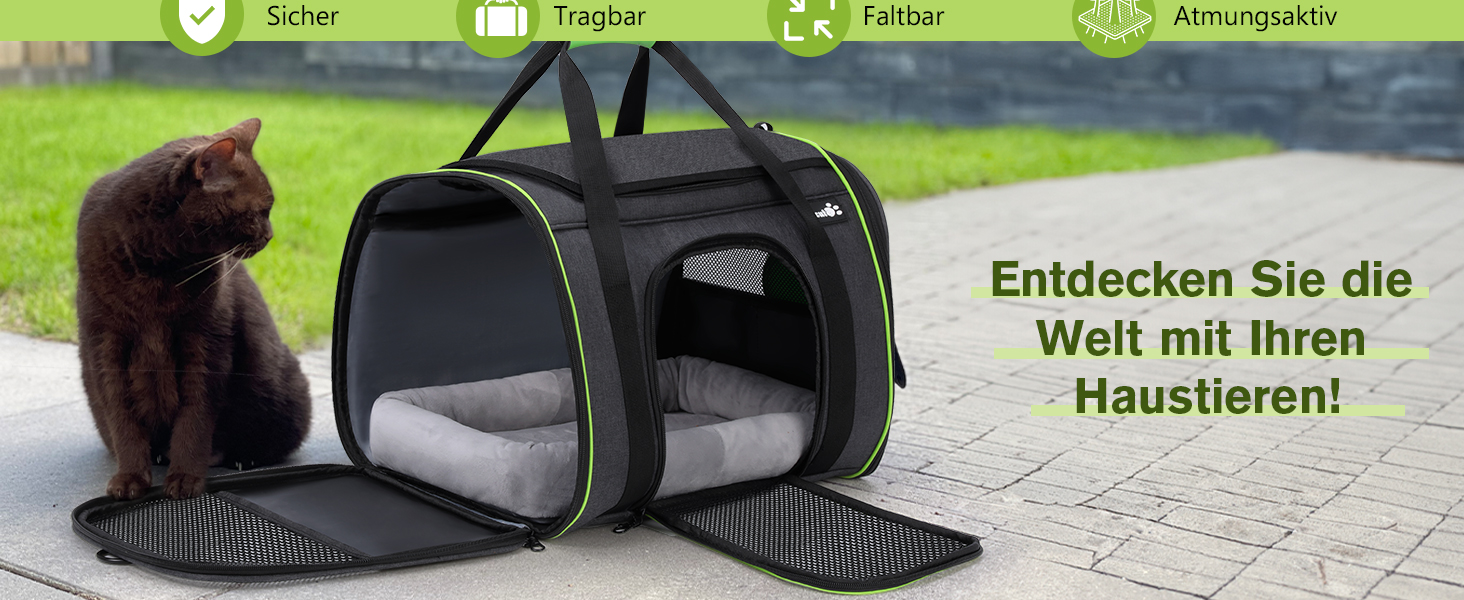Транспортна переноска для котів Pecute, переноска-ліжко для тварин, складана переноска-сумка для котів та собак, переноска для собак з регульованим плечовим ременем, XL (45 x 35 x 32 см), темно-сірий + зелений (з подушкою)