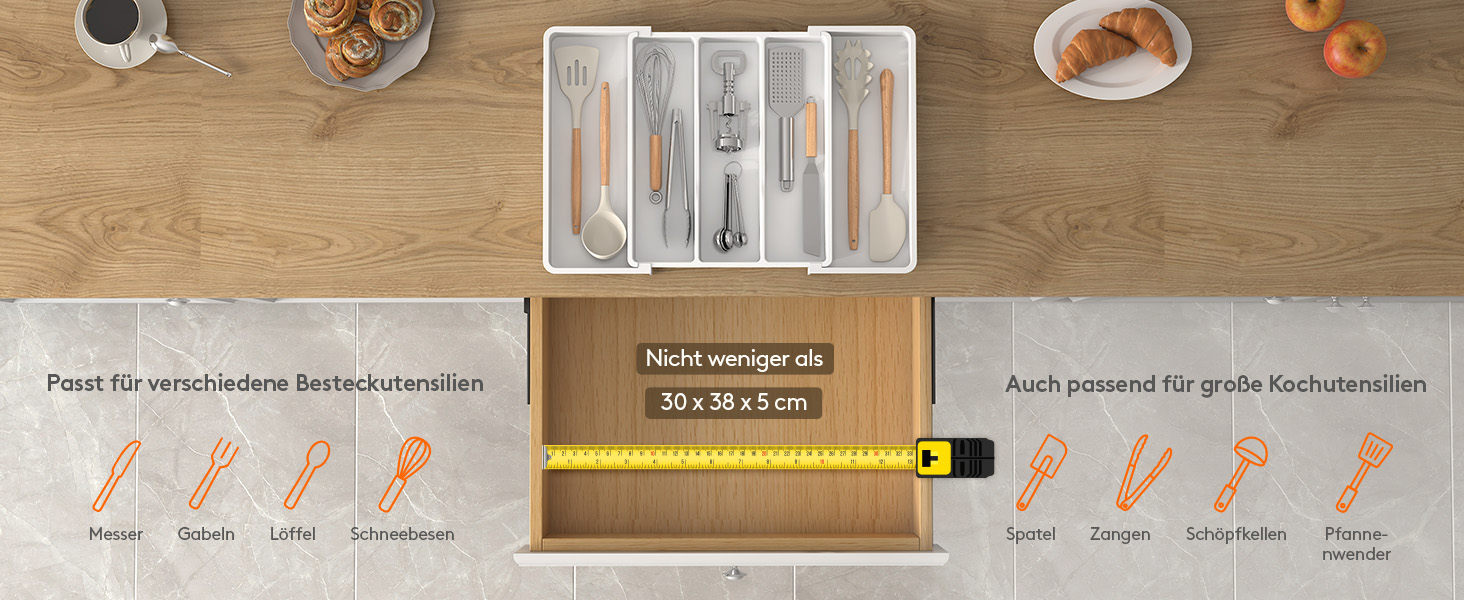 Органайзер для столових приборів Lifewit розсувний для шухляди, 33-57 x 38 x 5 см, білий. Підставка для ножів та виделок, пластик.