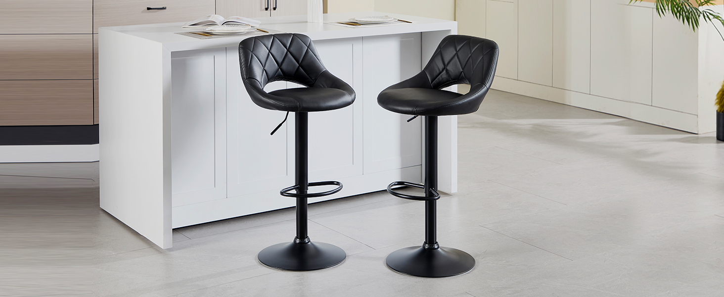 Chummaven 2-Piece Adjustable Bar Stools with Backrest - Faux Leather Kitchen Bar Stools with Chrome Footrest - Padded Barstools for Home Bar, Black