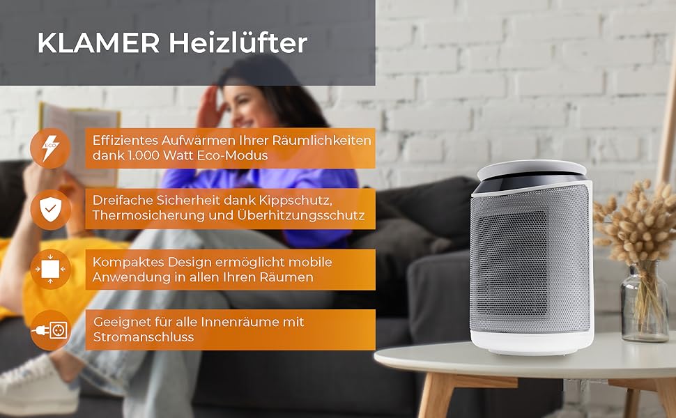 Електричний обігрівач Klamer 2000W з PTC-керамічним нагрівачем, 3 режими, таймер 9 год, термостат, захист від перегріву та перекидання, з пультом керування, білий