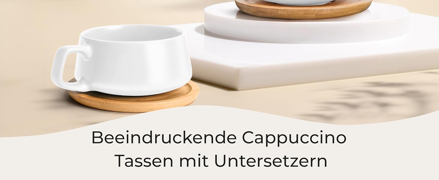 MIAMI - Set of 4 x 320 ml Coffee Cups/Cappuccino Cups with Saucers/Elegant/Modern/Coffee Cups made of Stoneware - Luxe Collection 4-Piece Set (White)