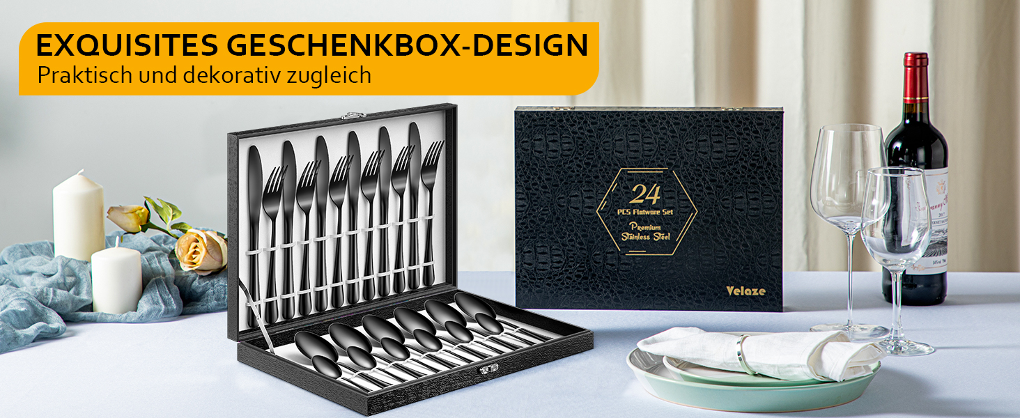 Набір столових приборів Velaze, 24 штуки, нержавіюча сталь 18/10, набір столових приборів на 6 осіб (ложки, виделки, ножі, чайні ложки), полірований, з подарунковою коробкою, придатний для миття в посудомийній машині