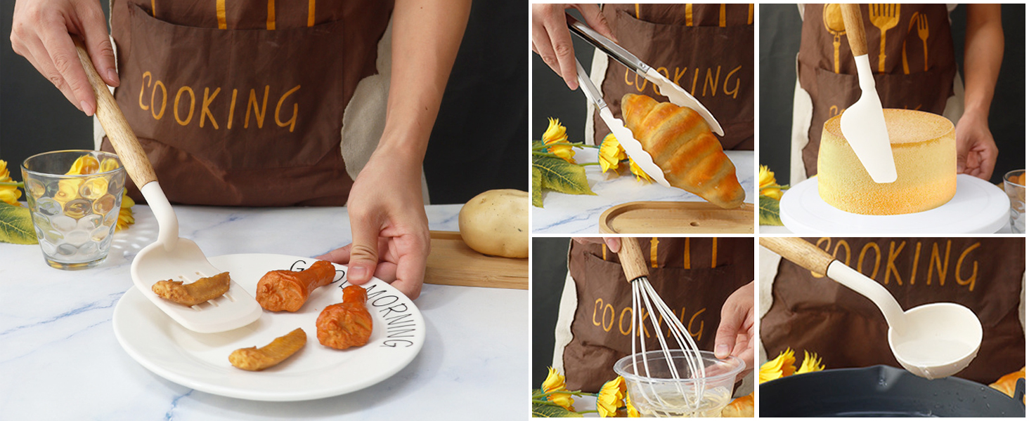 Набір кухонних аксесуарів 12 шт. з силікону з дерев'яними ручками, термостійкий антипригарний набір посуду: щипці, лопатки, ложки. Якісний кухонний набір (16+ чорний)