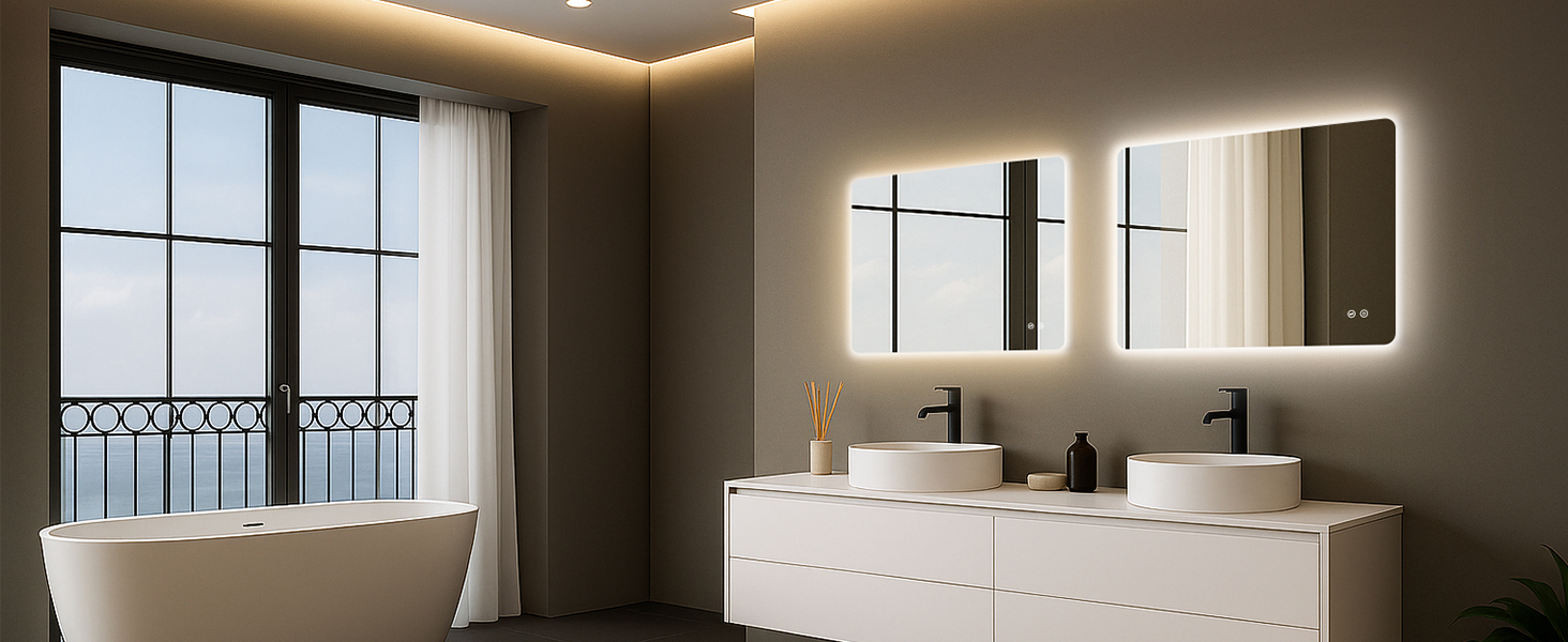 Дзеркало для ванної кімнати з підсвічуванням 50x70 см, LED, проти запотівання, 3 кольори світла, регулювання яскравості, прямокутна форма, сенсорне управління, функція пам'яті, монтаж горизонтально/вертикально (без рами, 3 кольори світла, регулювання яскравості)