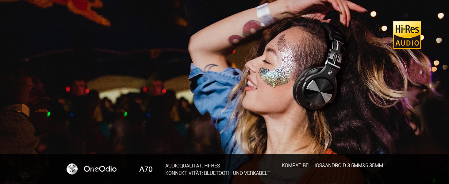 OneOdio Bluetooth навушники Over-Ear, 72 год HiFi Stereo, бездротові, з 6.35mm та 3.5mm аудіоджеком для студії, DJ, телефону, ПК, підсилювача - Чорний