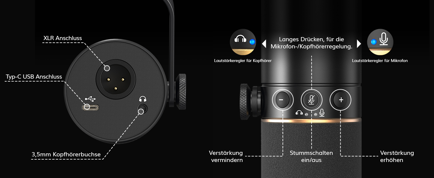 Мікрофон TONOR TD510+ для запису та стрімінгу: XLR/USB, динамічний, з кріпленням та кнопкою вимкнення мікрофону