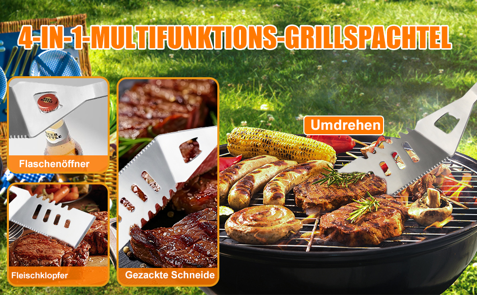 Набір аксесуарів для гриля з нержавіючої сталі, 28 предметів. Ідеальний для відпочинку на природі, кемпінгу та як подарунок на День батька, День народження або Різдво. З кейсом для зберігання.